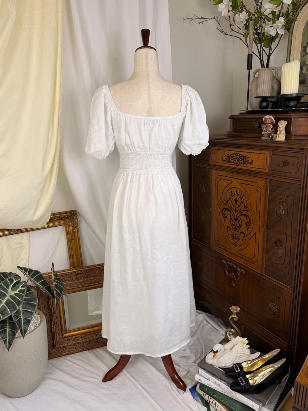 Faithfull the Brand White Square Neck Puff Sleeve Midi Dress Linen Summer chic - Picture 3 of 7